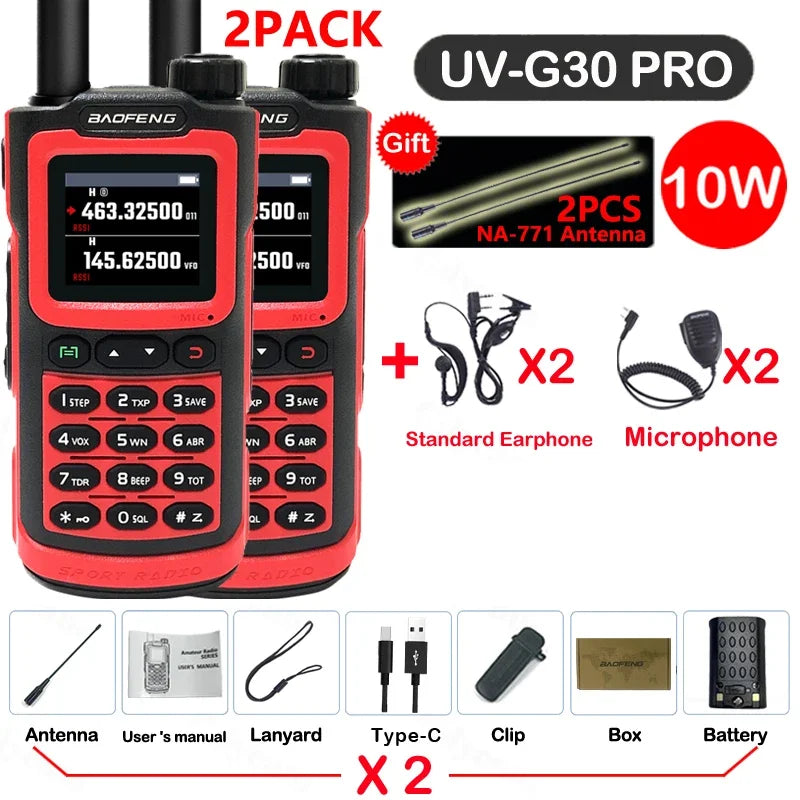 2PCS Baofeng 10W 50KM Walkie Talkie 4-Bands Long Range Portable Ham Radios Copy Frequency 999CH NOAA Two-Way Radio UV-G30 Pro V1