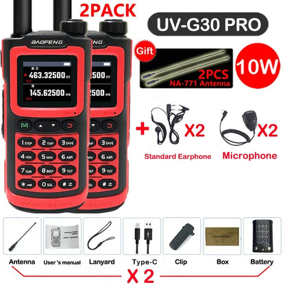 2PCS Baofeng 10W 50KM Walkie Talkie 4-Bands Long Range Portable Ham Radios Copy Frequency 999CH NOAA Two-Way Radio UV-G30 Pro V1