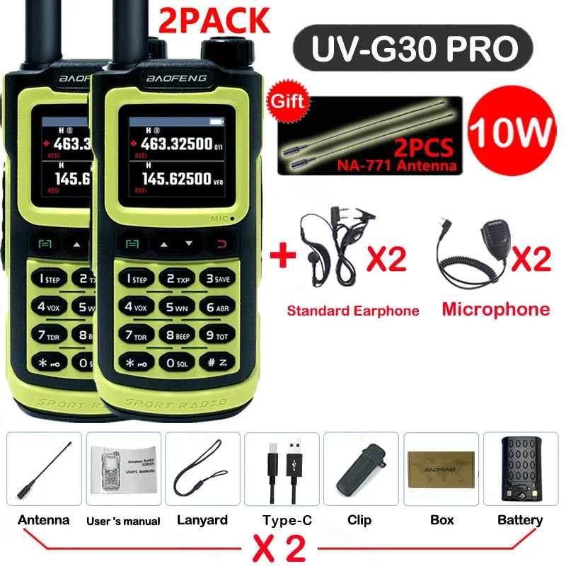 2PCS Baofeng 10W 50KM Walkie Talkie 4-Bands Long Range Portable Ham Radios Copy Frequency 999CH NOAA Two-Way Radio UV-G30 Pro V1