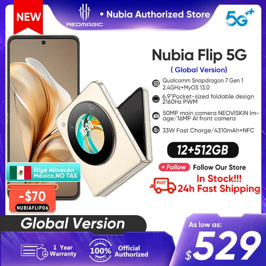 Nubia Flip Phone 5G Global Version Foldable Screen Mini Phone 6.9" 120Hz OLED 50MP AI Dual Camera  4310mAh 33W Quick Charging