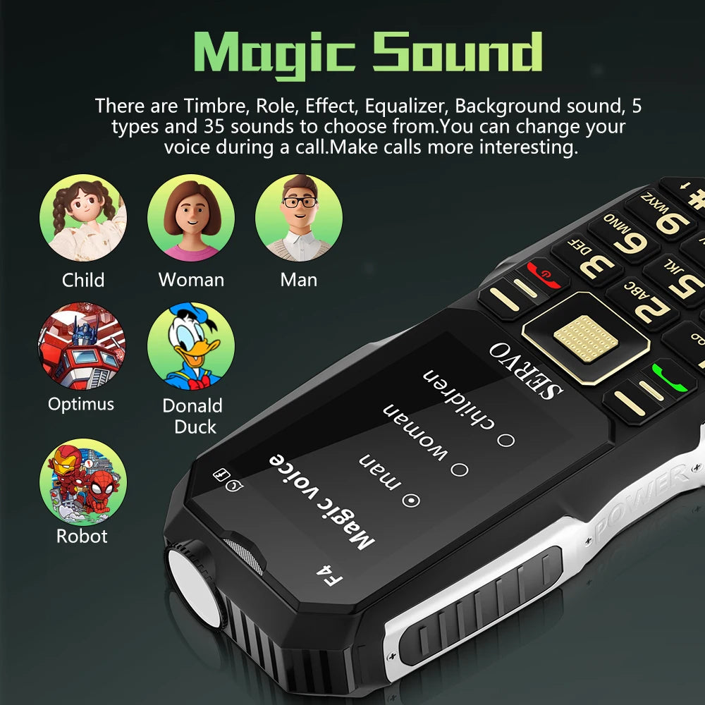 SERVO F4 Rugged Phone 3 SIM Card Cellphone Magic Voice Auto Record Call Flashlight Radio Big Button 2.4“ Mobile Phone Power Bank