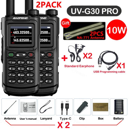 2PCS Baofeng 10W 50KM Walkie Talkie 4-Bands Long Range Portable Ham Radios Copy Frequency 999CH NOAA Two-Way Radio UV-G30 Pro V1