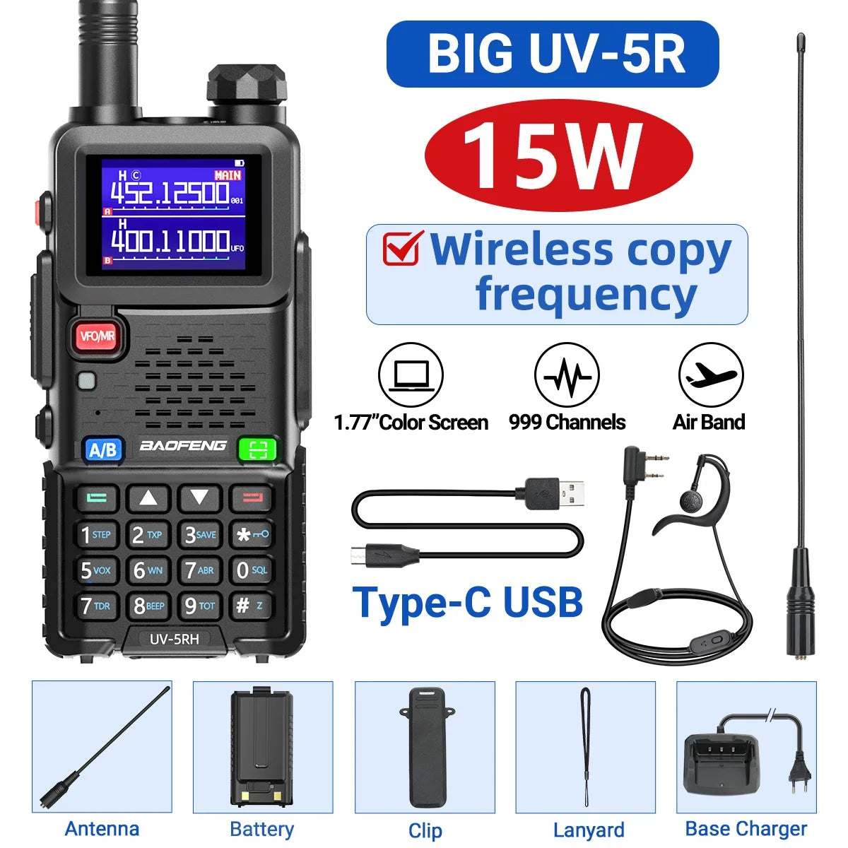 Baofeng UV 5RH 10W Air Band Walkie Talkie Long Range Wirless Copy Frequency Two Way Ham Radio Type-C Baofeng UV 5R Transceiver