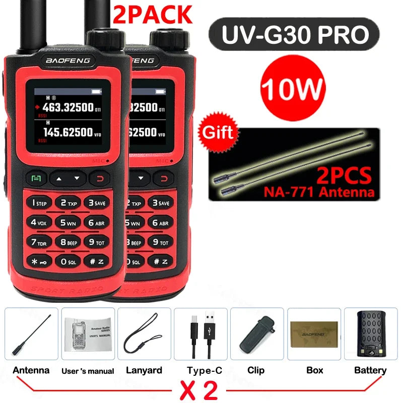 2PCS Baofeng 10W 50KM Walkie Talkie 4-Bands Long Range Portable Ham Radios Copy Frequency 999CH NOAA Two-Way Radio UV-G30 Pro V1