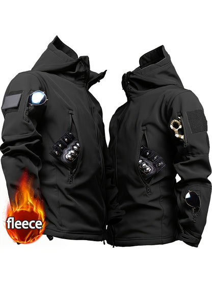 Camouflage Print & Plain Color Men's 2pcs Military Outdoor Windproof Suit Multi-Pocket Soft Shell Hooded Jackets +Sharkskin Work Cargo Pants, Outdoor Cloth