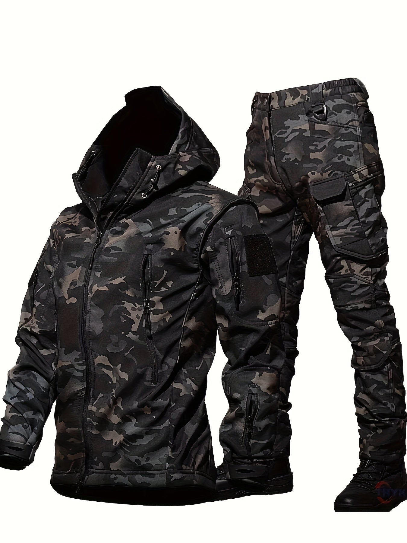 Camouflage Print & Plain Color Men's 2pcs Military Outdoor Windproof Suit Multi-Pocket Soft Shell Hooded Jackets +Sharkskin Work Cargo Pants, Outdoor Cloth