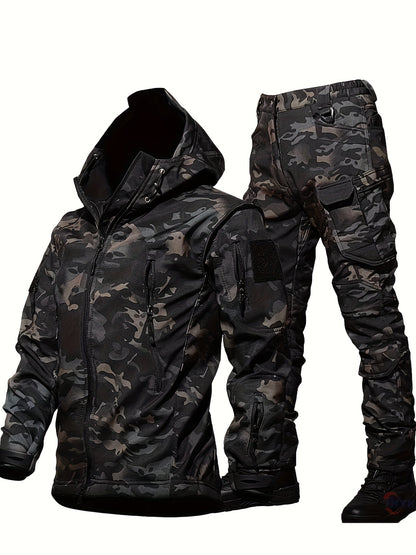 Camouflage Print & Plain Color Men's 2pcs Military Outdoor Windproof Suit Multi-Pocket Soft Shell Hooded Jackets +Sharkskin Work Cargo Pants, Outdoor Cloth