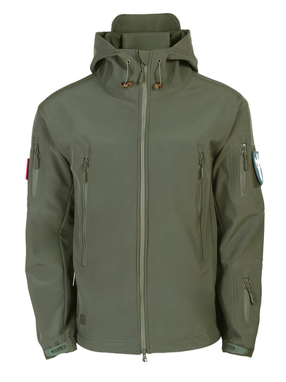 Camouflage Print & Plain Color Men's 2pcs Military Outdoor Windproof Suit Multi-Pocket Soft Shell Hooded Jackets +Sharkskin Work Cargo Pants, Outdoor Cloth